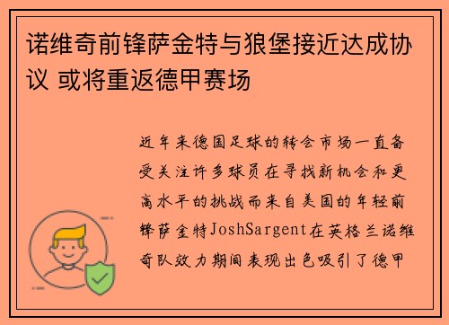 诺维奇前锋萨金特与狼堡接近达成协议 或将重返德甲赛场