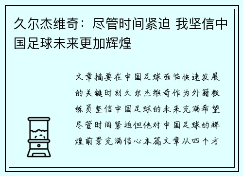 久尔杰维奇：尽管时间紧迫 我坚信中国足球未来更加辉煌